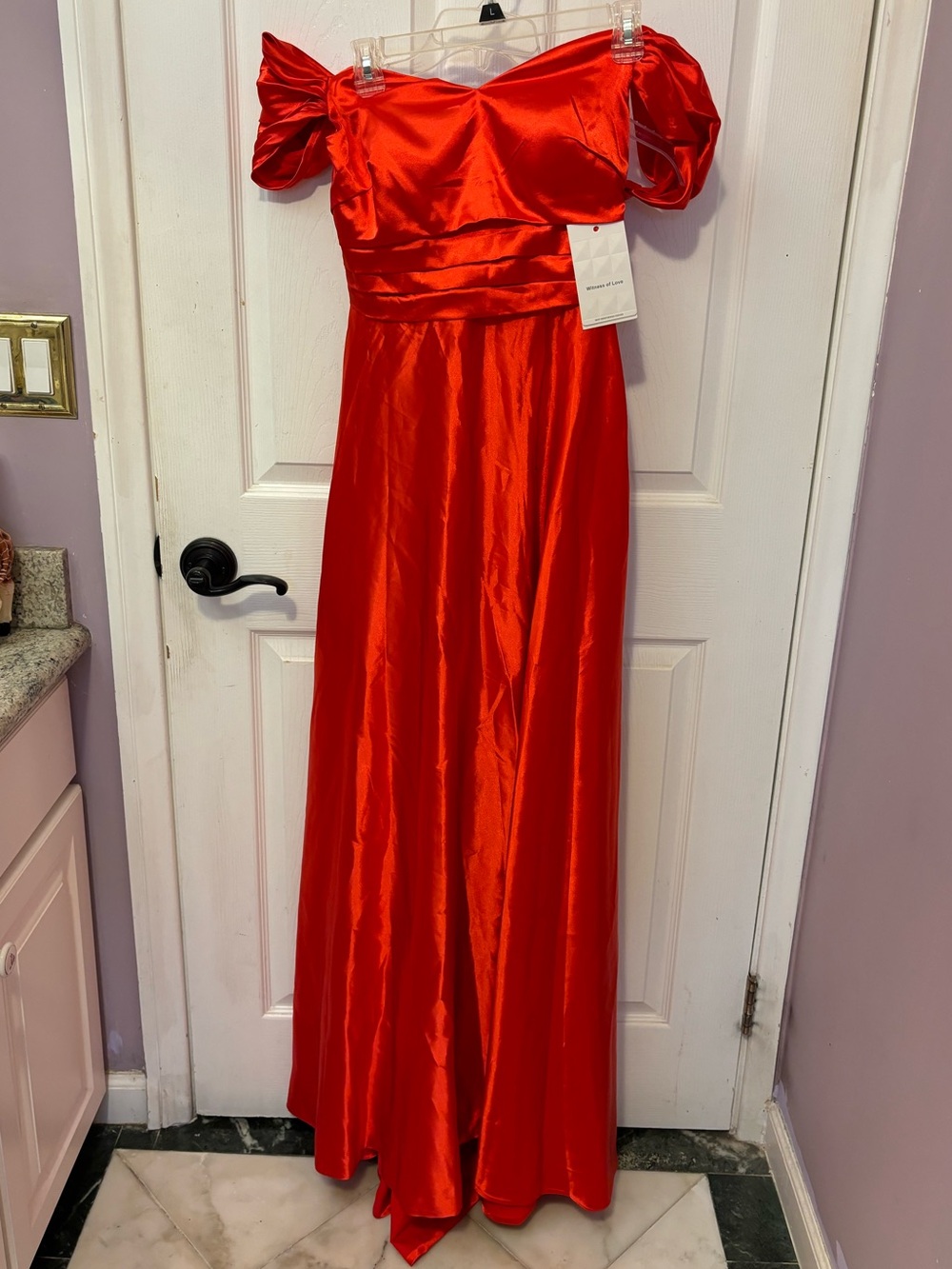 Satin off shoulder red gown for photo shoot